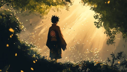 Anime boy stands in glowing forest clearing at sunrise.