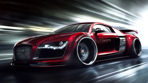 Futuristic red supercar races through neon-lit tunnel at speed.