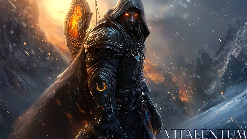 Hooded armored warrior with glowing eyes in frozen battlefield.