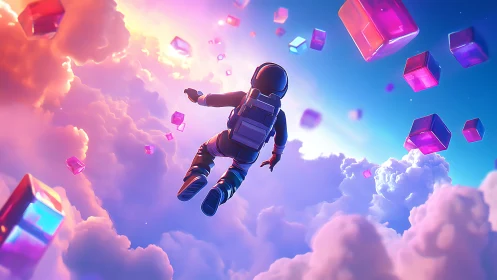 Astronaut figure surrounded by floating cubes above clouds.