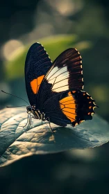 Sunlit butterfly rests softly on a leaf in quiet forest light