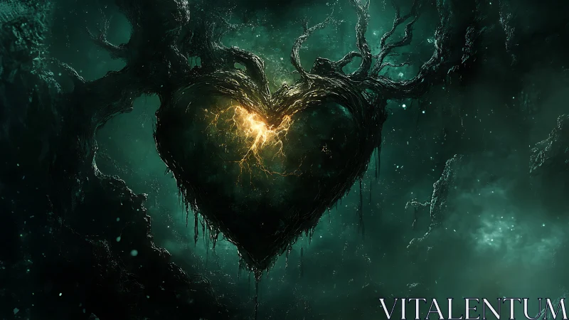 Luminescent heart structure in teal environment with organic branching.