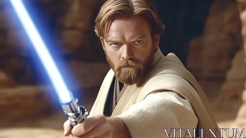 Bearded sci fi warrior wielding blue plasma sword in desert