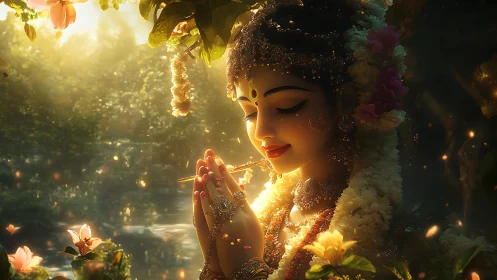 Divine goddess prays by luminous river in golden dusk