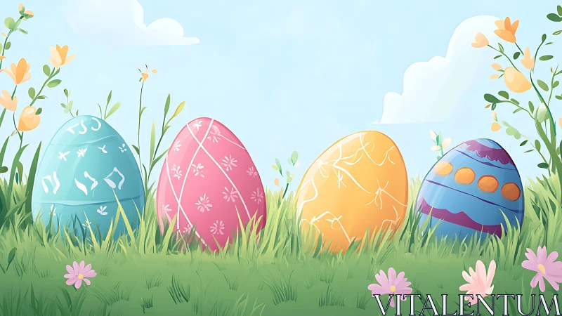 Digital painting of decorative Easter eggs in floral meadow.