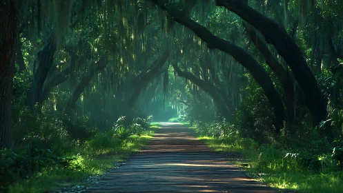 Luminous forest canopy creates verdant corridor through arched ancient trees.