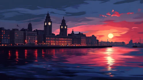 Harbor city sunset glow over calm water reflections.