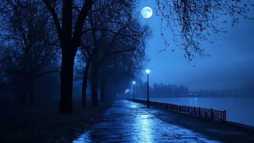 Moonlit riverside promenade under whispering winter trees.