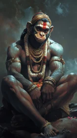 Mythic simian warrior deity in ornate jewelry, seated calmly