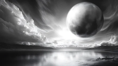 Monochrome extraterrestrial moon above reflective coastal sea