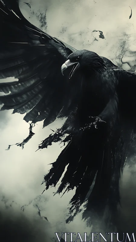 Stormborne raven shatters the sky in tattered midnight wings.