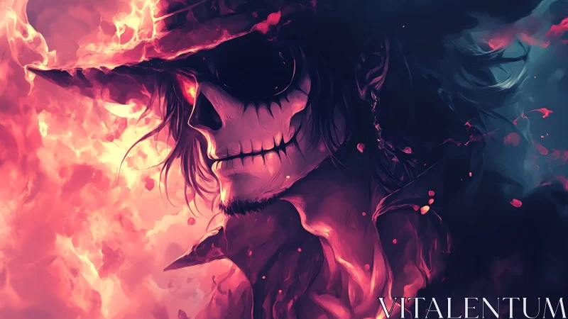 Flaming skeletal gunslinger rendered in high-contrast neon fire