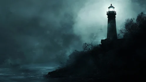 Lighthouse tower projects strong beam through dense night fog