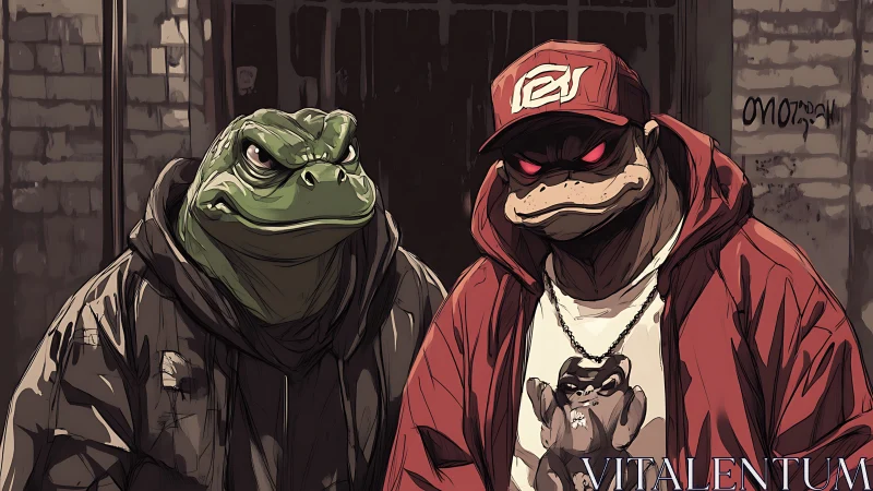 Anthropomorphic street reptiles framed in urban noir lighting