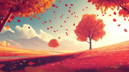 Autumn hillside landscape renders luminous foliage in stylized light