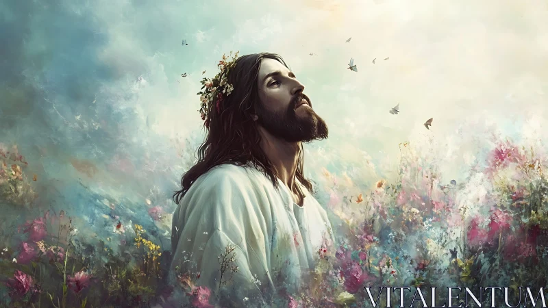 Serene robed figure prays in radiant, dreamlike wildflower field