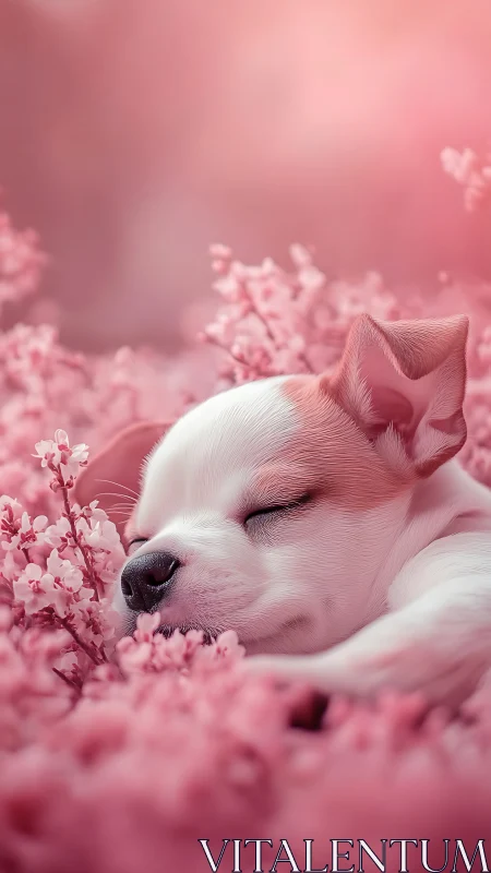Close-up sleeping puppy in shallow-focus pink floral foreground
