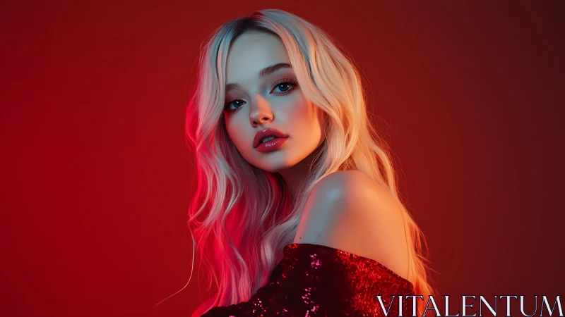 Crimson gel-lit blonde portrait with shimmering sequined gown.