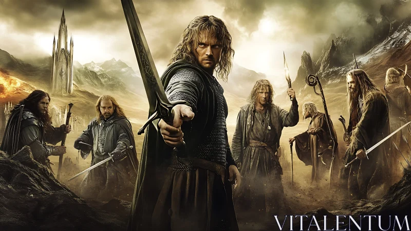 Warriors in rugged fantasy landscape holding drawn weapons.