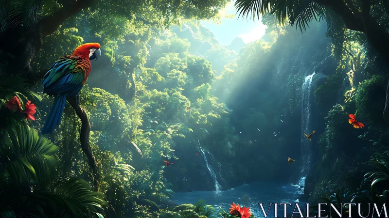 Scarlet macaw above tropical river with dense rainforest.