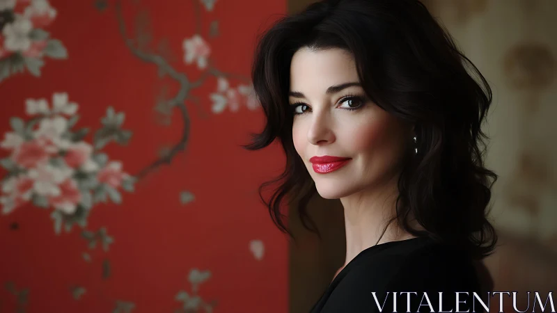 Crimson blossoms frame a poised woman with luminous charm.