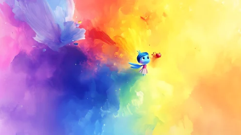 Tiny blue cartoon fairy contrasts against expansive rainbow nebula