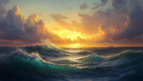 Storm-lit ocean waves catch blazing golden sunset glow.