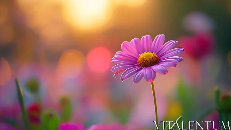 Sunlit pink daisy basking in a dreamy evening garden.
