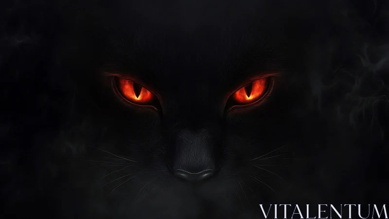 Black feline face with orange eyes in dark surroundings.