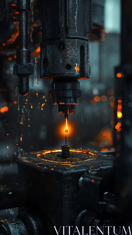 Industrial drill head over molten contact point in wet workshop