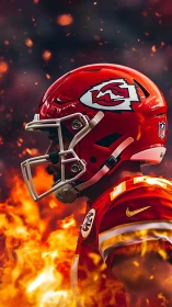 Kansas City football player profile in helmet above flames