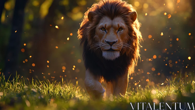 Male lion walking through sunlit grass at golden hour.