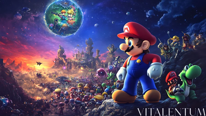 Mario leads cosmic battle across glowing fantasy world.