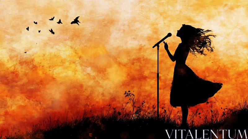 Silhouetted vocalist against textured orange sky gradient sings