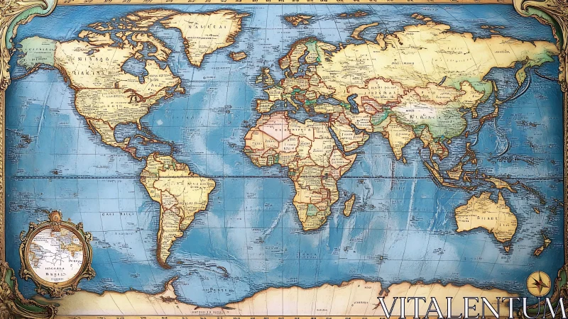 Vintage world map with ornate frame and muted oceans.