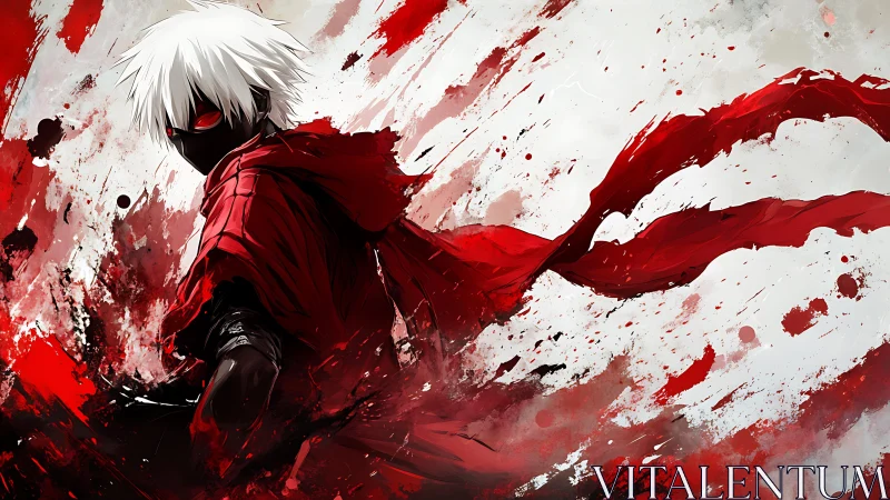 Masked figure in red cloak stands amid dynamic paint streaks