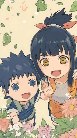 Two stylized children look upward amid surrounding flowers