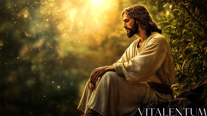 Golden hush around a praying robed figure at dusk.