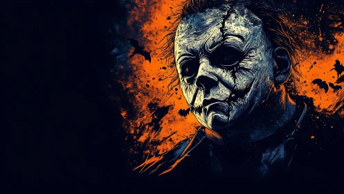 Brooding mask in midnight blaze, haunted by flying shadows.