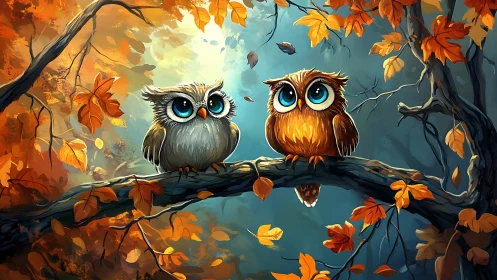 Two Cute Cartoon Owls on Autumn Branch, Vibrant Fantasy Art.