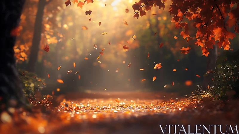 Golden autumn leaves swirling along a sunlit forest path.