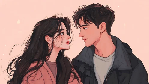 Two figures in profile against warm peach background gaze toward each other