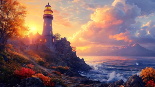 Beacon's Eternal Glow: A Lighthouse Stands Against the Sunset.