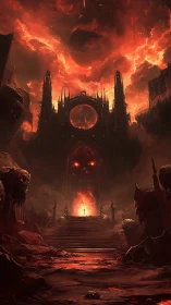 Infernal fortress with lone figure before fiery demonic gate.