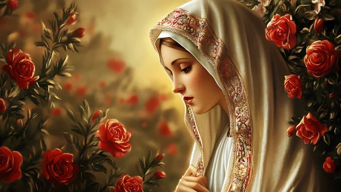 Digital painting portrait of veiled woman in rose garden symmetry.