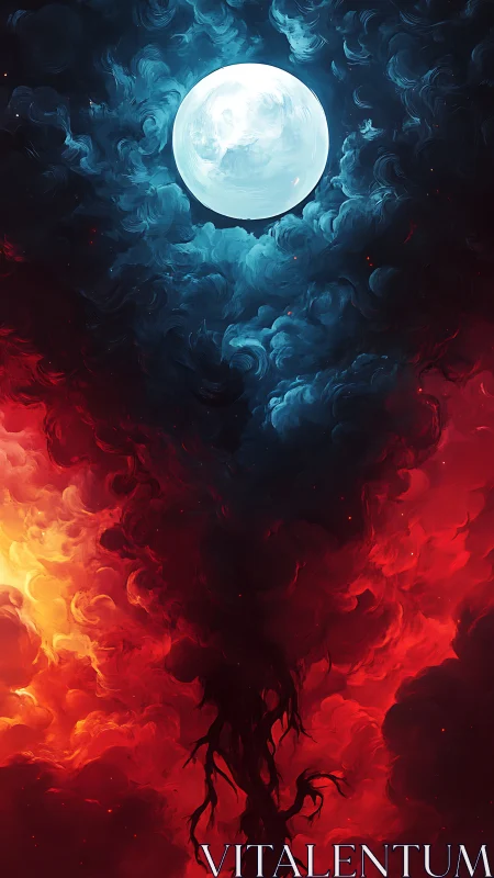 Luminous moon suspends above swirling fire and shadow veil