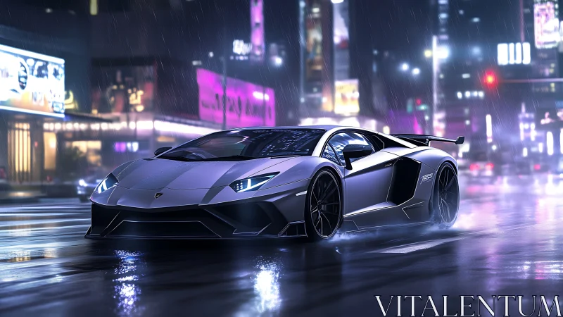 Aerodynamic silver hypercar on wet neon city boulevard at night