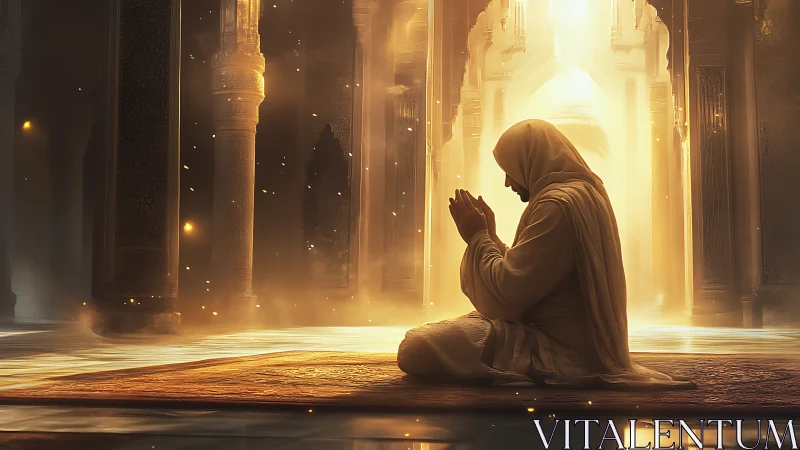 Luminescent mosque interior with kneeling robed supplicant figure.