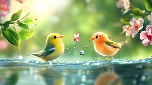 Hyperreal songbirds in shallow water with butterfly interaction