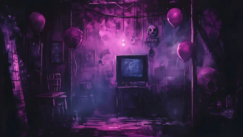 Dark room shows old CRT television with eerie purple light